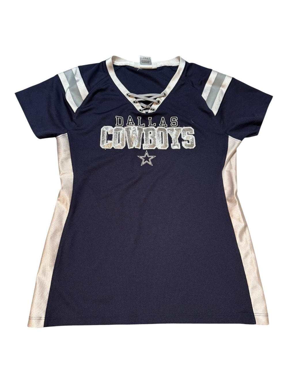 Dallas Cowboys Women’s Lace Up Sequins Glitter Jersey Shirt Navy Large
